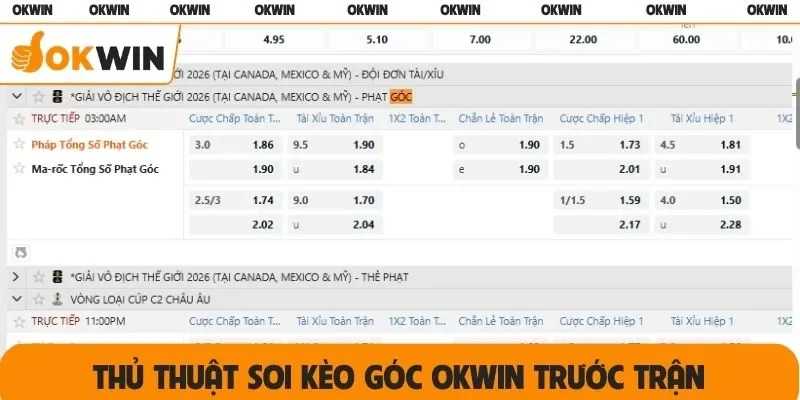 Thủ thuật soi kèo góc OKWIN trước trận